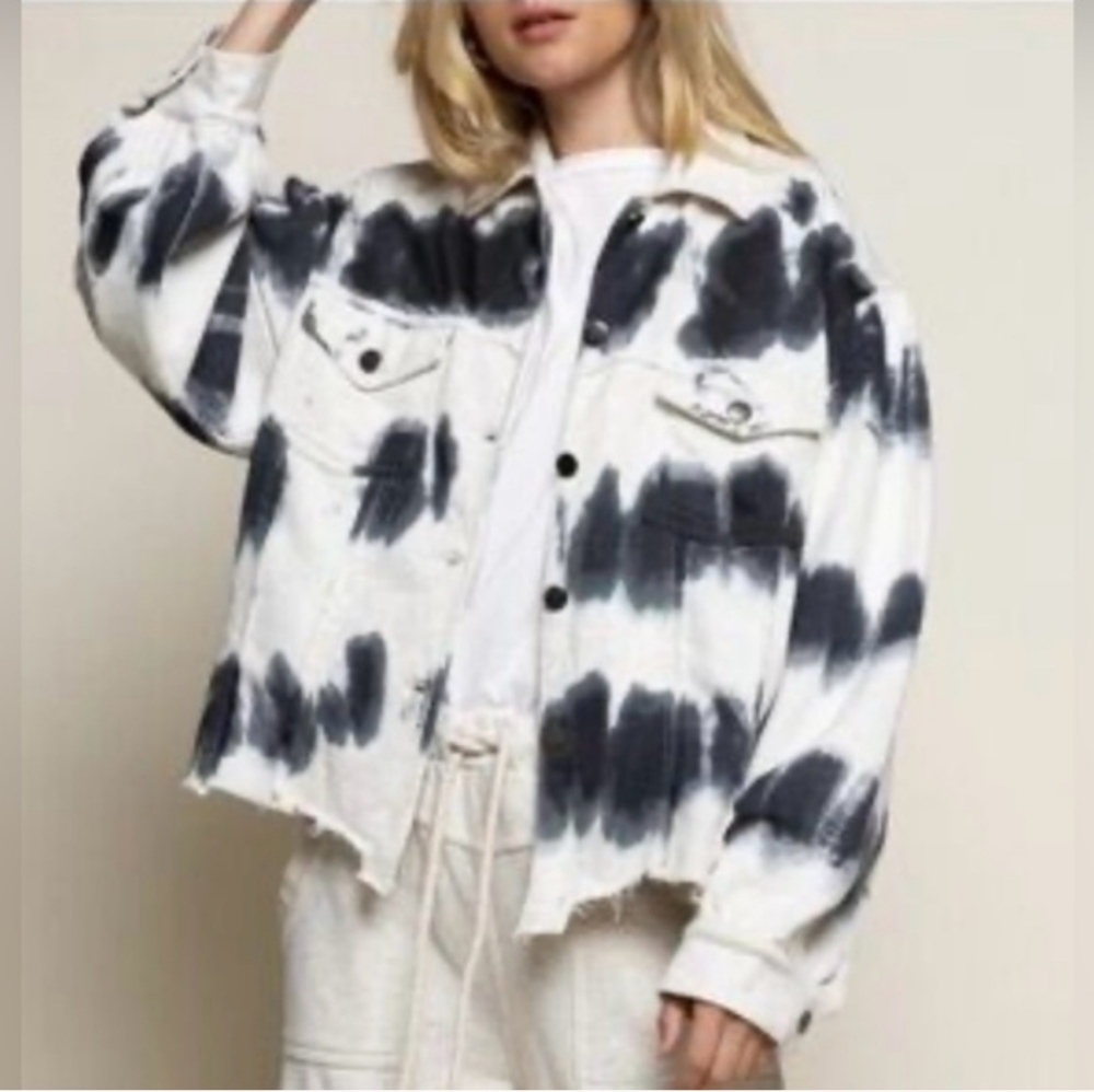 POL Oversized Tie-Dye Denim Jacket - White & Black
